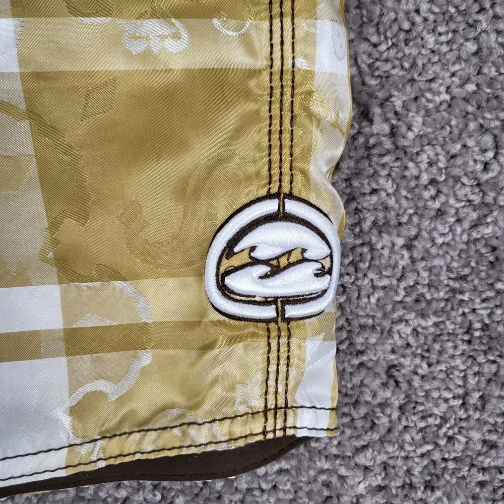 Billabong Men Board Shorts Plaid Paisley Skull Y2K Swim Trunks Gold Size 36 Rare